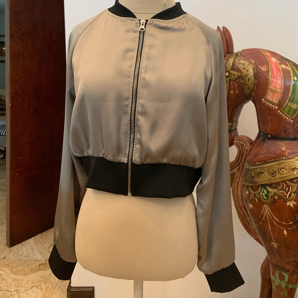 Beige/Light Army Green Silk Bomber Jacket